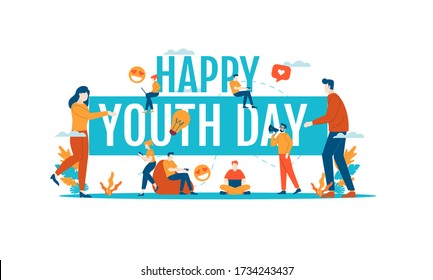 Happy Youth Day Big Word With Small People Vector Illustration Concept Isolated Template White Background Isolated Can Be Use For Presentation Web Banner UI UX Landing Page