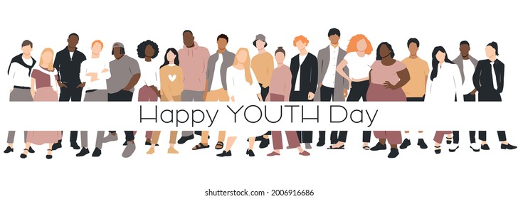 Happy Youth Day Card. Menschen unterschiedlicher ethnischer Herkunft stehen Seite an Seite. Flache Vektorgrafik.