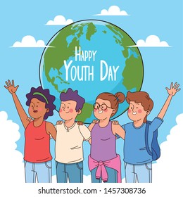 Happy youth day card with teenagers cartoons on earth world ,vector illustration graphic design.