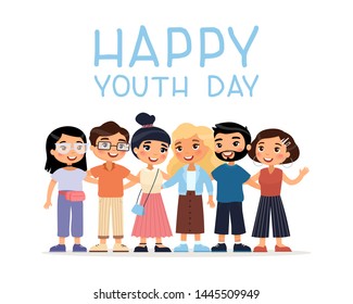 Happy Youth Day concept. Six international young women and men friends hugging. Group of happy modern young people. Cute cartoon character. Flat vector illustration isolated on white background.