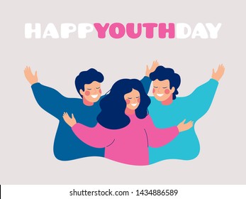 Happy youth Day greeting card with smiling young people hugging each other