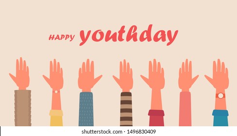 happy youth day greeting card raised hands group of young people concept. flat cartoon vector illustration