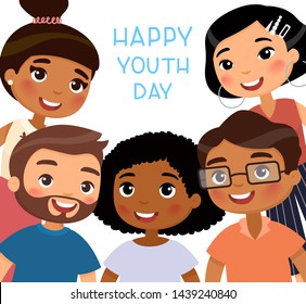 Happy Youth Day. International holiday concept. Multicultural young girls and young boys friends. Funny cartoon character.  Vector illustration, isolated on white background