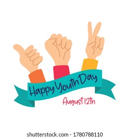 happy youth day lettering with hands symbols flat style vector illustration design