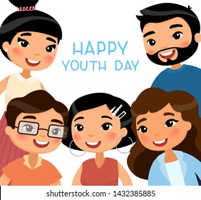 Happy Youth Day poster. Five asian young women and young men friends. Funny cartoon character.  Vector illustration. Isolated on white background