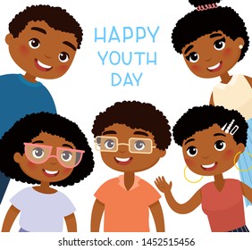 Happy Youth Day poster. Five African American young women and young men friends. Funny cartoon character.  Vector illustration. Isolated on white background