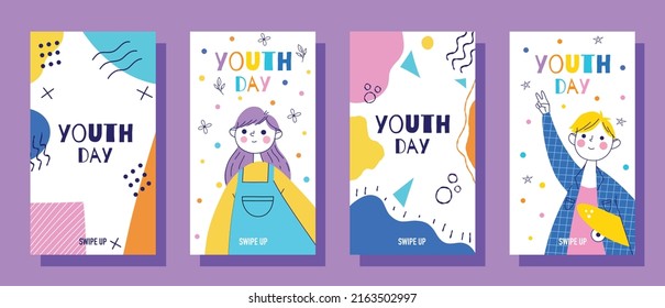 Feliz día de la juventud. Conjunto de plantillas vectoriales para historias. Vector dibujado a mano. 