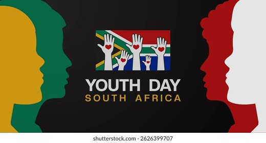 Happy Youth Day South Africa. South Africa flag, youth, hand and heart. Great for posters, banners, social media and more. Black background. 