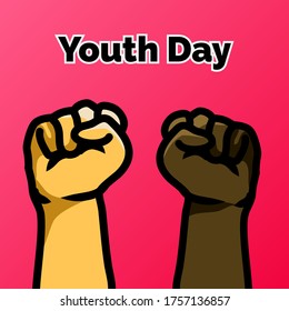 Happy youth day with two hand skin white and black in red background vector illustration design.