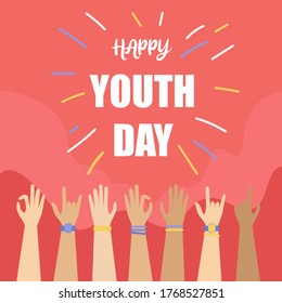 Happy Youth Day vector concept: frame of diverse hands doing various hand signs