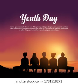 Happy Youth Pledge Day Design with youth silhouette sit in chair. Celebration Youth Pledge Day with sunset
