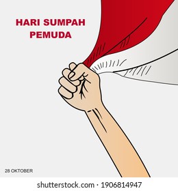 Happy Youth Pledge Day with hands flying the Indonesian flag.