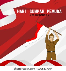 Happy Youth Pledge Day. The man in the hero uniform raises the Indonesian flag.