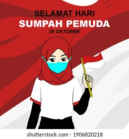 Happy Youth Pledge Day. Veiled and masked women fly the Indonesian flag. the covid-19 virus pandemic.