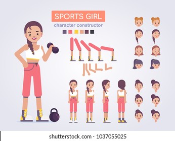 Happy ypung athletic womanl character with various views, face emotions, poses . sport. Front, side, back view animated character. Ready to use. Vector clip art