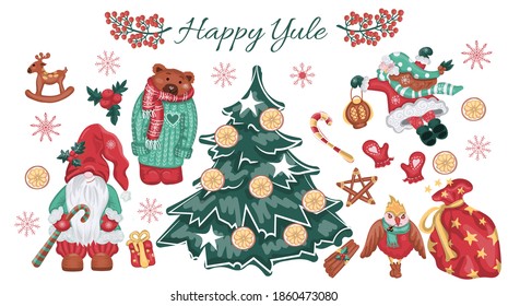 Happy yule clipart set with gnome, elf, bear in sweater, yule tree. Merry christmas clip art elements, new year holidays clipart isolated on white background.