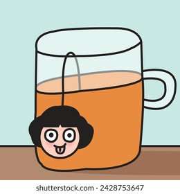 Happy Yummy Face Girl Head Thai Tea Bag Over A Glass Concept Card Character illustration