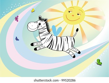 Happy Zebra with butterflies flying in the sky, sun and rainbow.