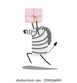 Happy zebra carries gift in pink packaging. Cartoon funny zebra. African animal. Hand drawn Vector illustration on white background For nursery, bedroom decor, greeting card, poster,congratulations.