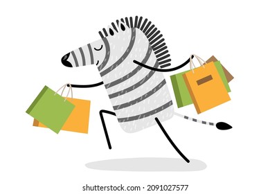 Happy zebra carries Shopping Packages. Cartoon funny zebra happy after successful shoping. African animal with colorful shopping bags in hands. Hand drawn Vector illustration on white background