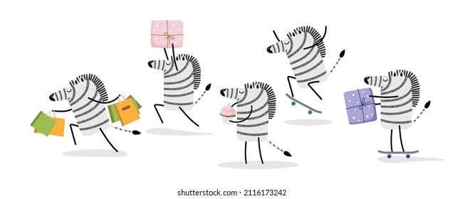 Happy zebra set. Cartoon funny zebra. Zebra dances, goes to visit, shopping, rides skate. Vector illustration on white background For nursery, bedroom decor, greeting card, poster,congratulations.