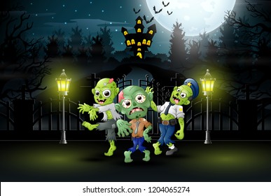 Happy zombie celebrate halloween party outdoors at night