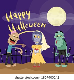 Happy zombie halloween. Vector night cemetery graveyard scene with comic funny cute sombie undead walker character illustration. Happy halloween festive horror event greeting poster or invitation card