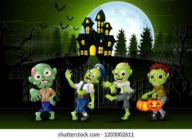 Happy zombie kids outdoors with haunted house background
