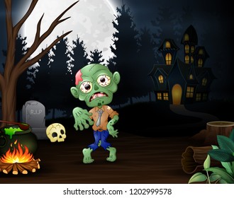 Happy zombie outdoors with haunted house background