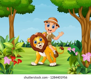 Happy zookeeper boy and lion in a beautiful garden