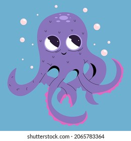 Happy,cute purple octopus cartoon. Vector illustration isolated On a blue background with bubbles under water.