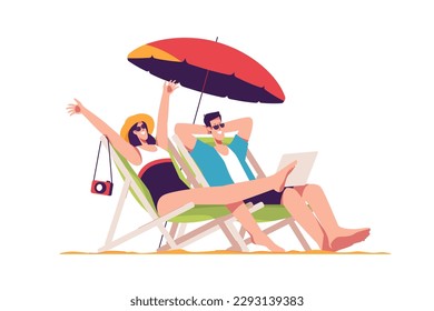Una pareja feliz descansando sentado en una tumbona en la playa bajo la sombrilla. Ilustración vectorial.