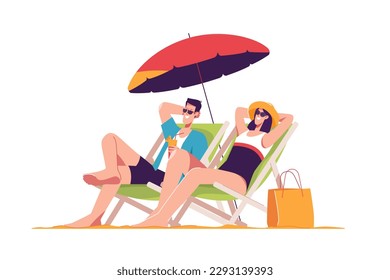 Happye couple relaxing while sitting in lounge deck chair at the beach under umbrella. Vector illustration.