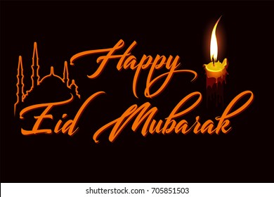 HappyEid Mubarak - Mosque Line with Candle, Islamic, Muslim Religion, vector greeting