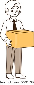 A happy-faced male office worker is carrying a box. minimal line art vector illustration.