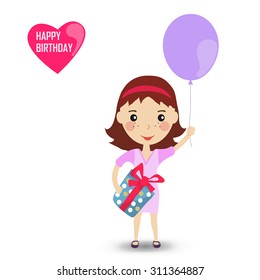 Happygirl with a balloon in purple dress. Happy Birthday card. Cartoon vector illustration.