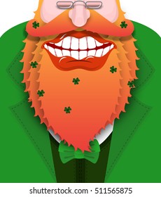 Happyl leprechaun with red beard. Good gnome with big smile. Green coat with bow tie. Illustration for St. Patricks Day. National Holiday in Ireland