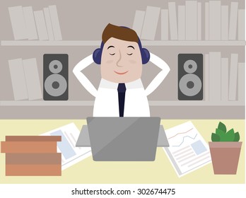 Happy/pleased office worker enjoys music in the workplace