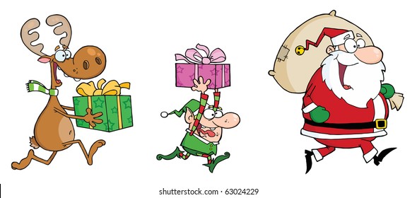 Happy's Santa Claus,Elf and Reindeer Runs With Gifts