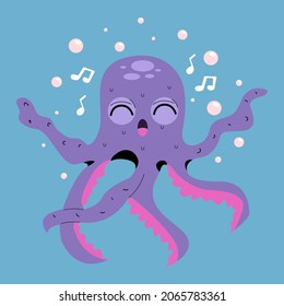 Happy,singing,cute purple octopus cartoon. Vector illustration isolated On a blue background with bubbles under water.