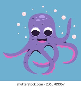 Happy,singing,cute purple octopus cartoon. Vector illustration isolated On a blue background with bubbles under water.