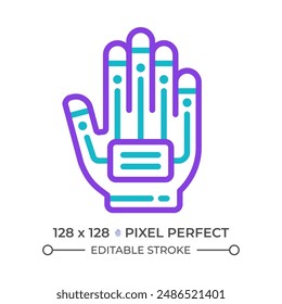 Haptic glove two color line icon. Wearable innovative device. Immersive experience. Tactile feedback bicolor outline symbol. Duotone linear pictogram. Isolated illustration. Editable stroke