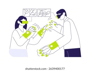Haptic gloves abstract concept vector illustration. Young couple wearing VR haptic gloves and smart glasses, virtual and augmented reality, modern technology, entertainment time abstract metaphor.