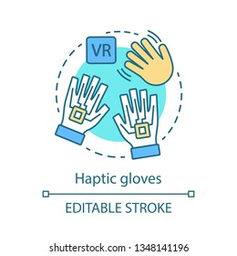 Haptic gloves concept icon. VR gloves. Multi-finger interaction. Cybergloves. Datagloves. Virtual reality gadget idea thin line illustration. Vector isolated outline drawing. Editable stroke