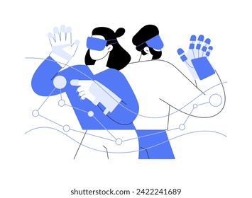 Haptic gloves isolated cartoon vector illustrations. Young couple wearing VR haptic gloves and smart glasses, virtual and augmented reality, modern technology, entertainment time vector cartoon.