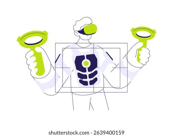 Haptic suit abstract concept vector illustration. Young man wearing tactile suit, virtual and augmented reality, VR entertainment time, modern IT technology, haptic device abstract metaphor.