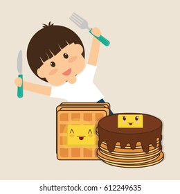 hapy boy holding fork and knife breakfast