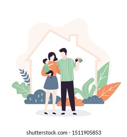 Hapy family near new home. Handsome man holds keys to new purchased or rented housing. Real estate template banner.House silhouette on background.Trendy vector illustration