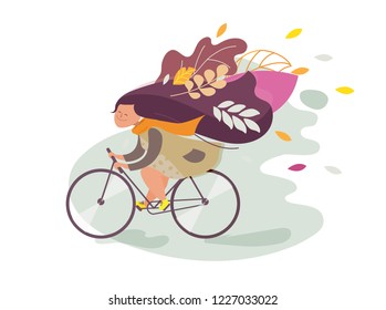 Hapy girl on a bicycle with foliage in hair, romantic cute cartoon vector illustration. Autumn mood.
