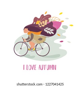 Hapy girl on a bicycle with foliage in hair, romantic cute cartoon vector illustration. Autumn mood. Inscription:  I love autumn.